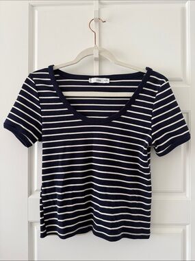Mango Navy and White Striped Scoop Neck Tee Size Medium